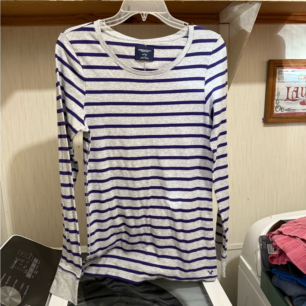 American Eagle Outfitters Heather Gray and Purple Striped Tee